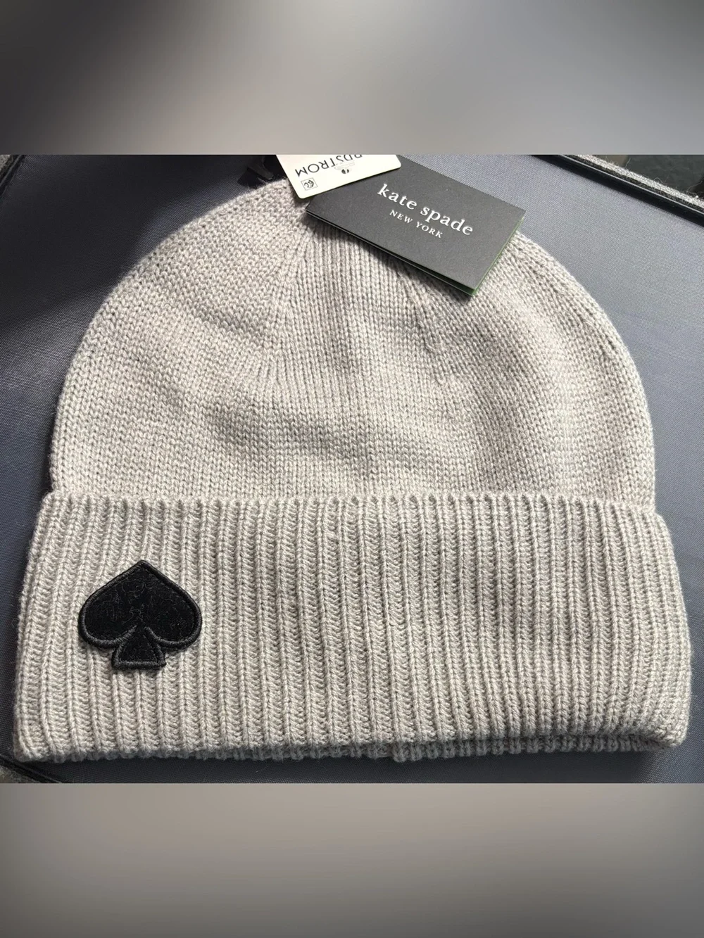 ♠️kate spade♠️ SET OF: Heather Gray Flocked Spade Beanie Hat and Knit Gloves